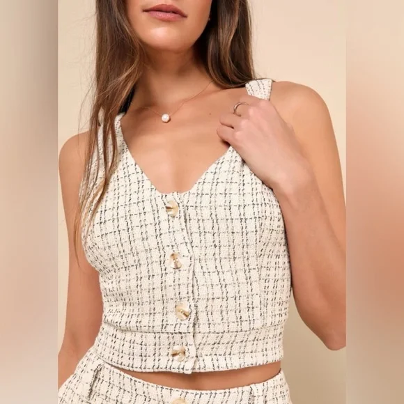 Lulus Tweed Plaid Ivory Button Vest Top NWT - Picture 1 of 6
